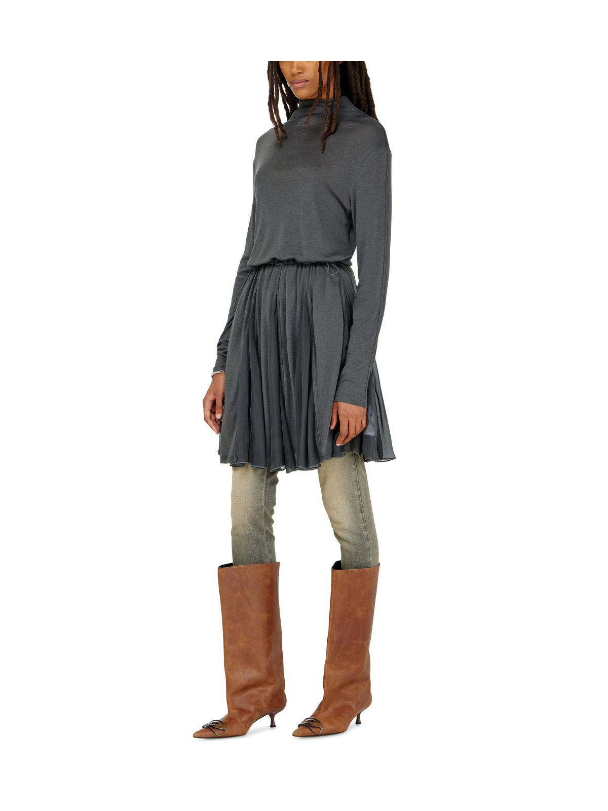 D-REI Mini-Kleid aus Jersey und Chiffon mit Stehkragen