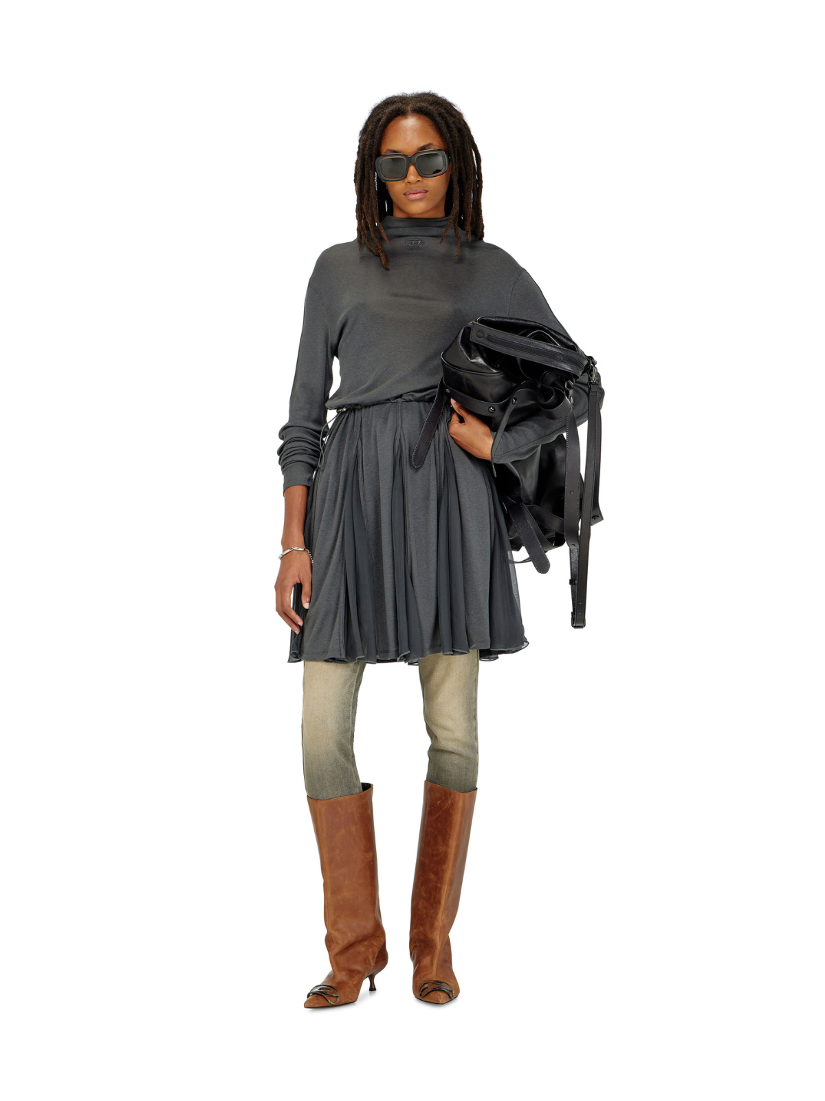 D-REI Mini-Kleid aus Jersey und Chiffon mit Stehkragen