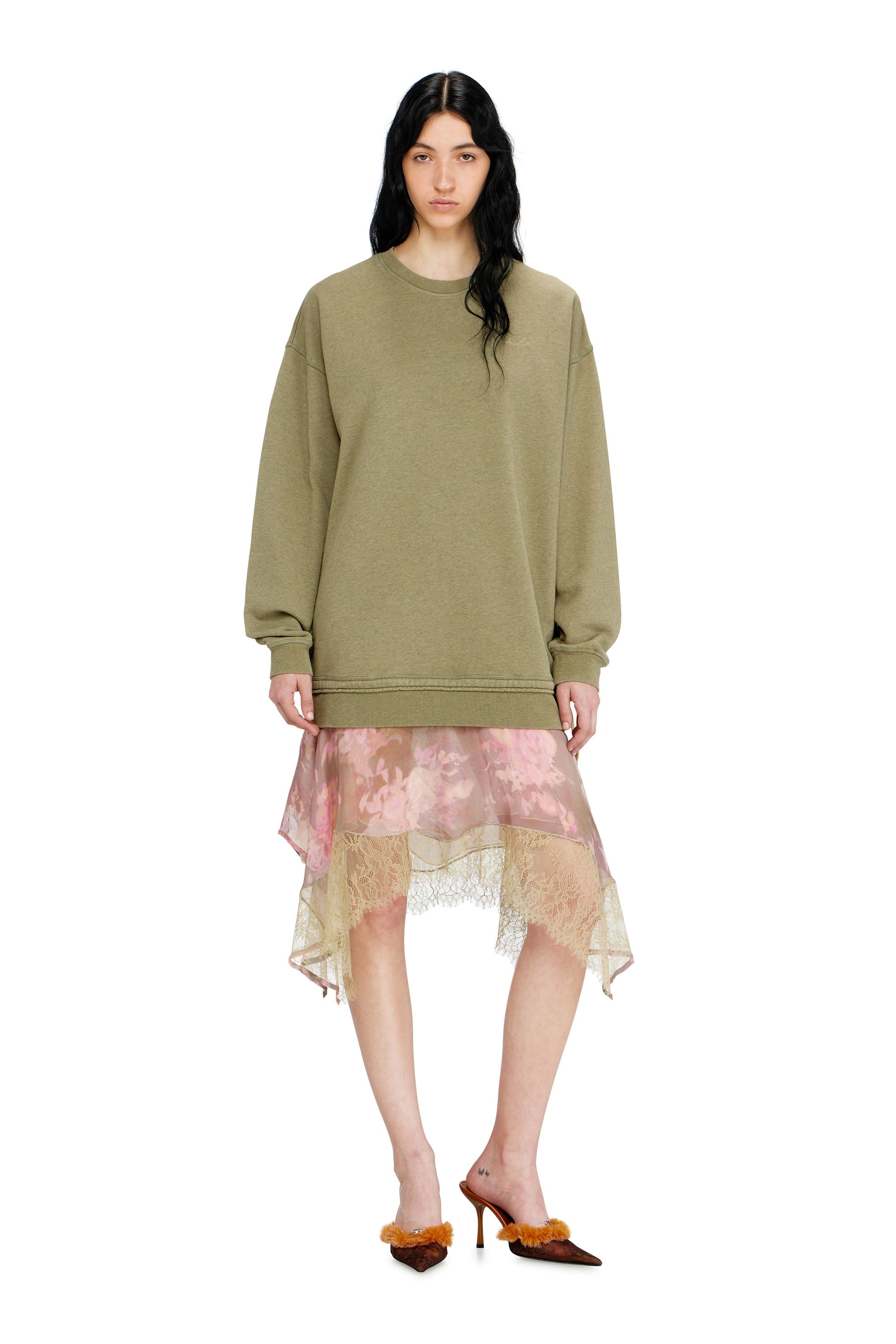 D-Orley Abito Felpa Con Gonna In Chiffon E Pizzo